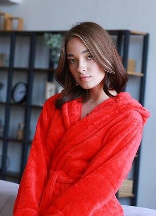 Красный/большой крупный длинный махровый теплый халат с капюшоном s-6xl есть цвета2 фото