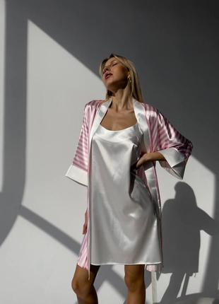 Комплект в стиле vs халат + рубашка пеньюар ночная ночнушка белая розовая в полоску3 фото