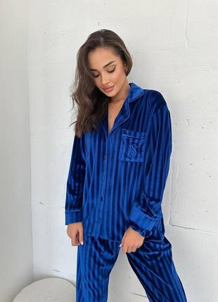 Теплая велюровая пижама в стиле vs синяя электрик бархат рубашка штаны