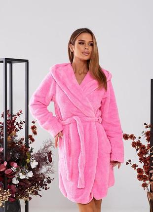 Жіночий короткий махровий халат з капюшоном теплий рожевий 42-48 | халати жіночі короткі
