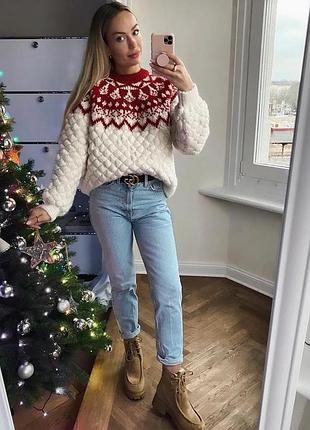 В'язаний светр новорічний візерунок бежевий oversize s m zara 5802/150