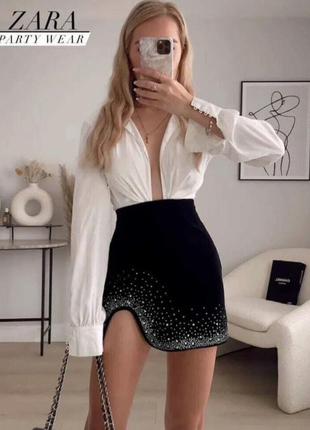 Юбка с разрезом бархатная с камнями zara 4786 281 s