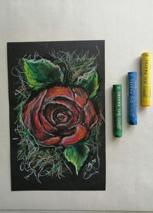 Картина "дикая роза" масляная пастель, черная бумага4 фото
