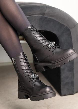 Стильные черные, практичные женские зимние высокие ботинки,берцы на толстой подошве, кожаные, кожаные, мех2 фото
