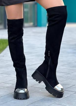Женские ботфорты еврозима на тракторной подошве с красивым декорированным носком на платформе сапоги зимние замшевые ботфорты зима квадратной каблук