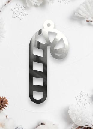 Дзеркальна ялинкова іграшка "карамельна паличка" новорічна прикраса на ялинку з полістиролу, 7 см срібло