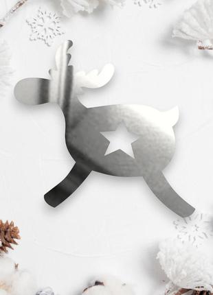 Дзеркальна ялинкова іграшка "олень із зіркою" новорічна прикраса на ялинку з полістиролу, 7 см срібло