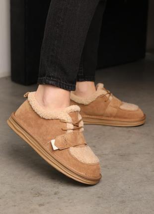 Стильні пісочні зимові жіночі короткі угги,уггі вкорочені на хутрі,замшеві,жіноче...