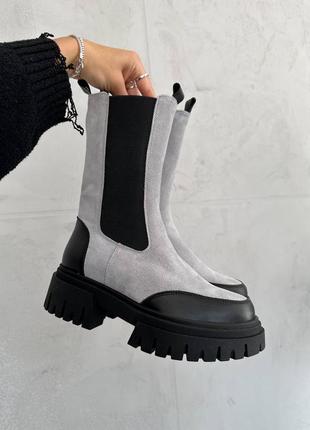 Жіночі зимові челсі замшеві з хутром сірі-чорні чоботи теплі черевики 36-40