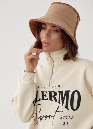 Женская утепленная коричневая панама эко-замша, искусственная замша теплая, осень, зима, демисезон