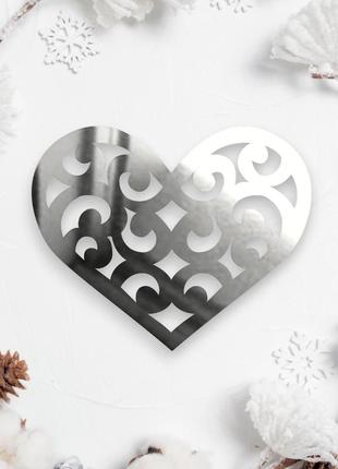 Дзеркальна ялинкова іграшка "серце вензеля" новорічна прикраса на ялинку з полістиролу, 7 см срібло