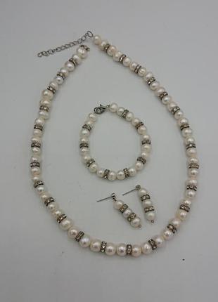 Комплект ожерелье браслет и серьги из натуральных жемчуга3 фото