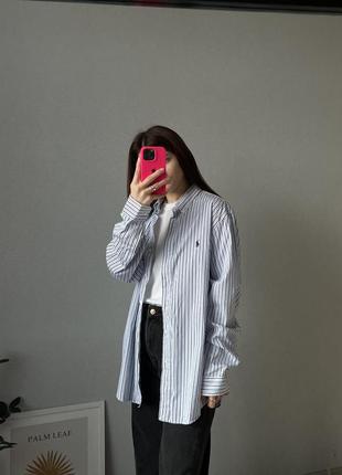 Жіноча оверсайз сорочка в смужку базова polo long-sleeve Ralph Lauren Hemdkleid mit Bindegürtel in Schwarzweiß gestreift поло ральф