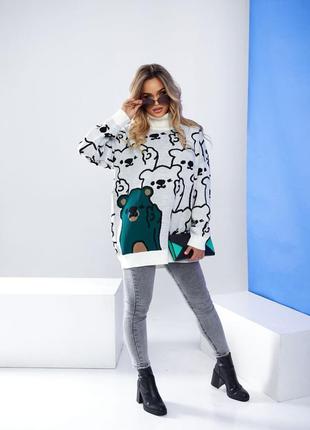 Жіночий теплий трикотажний светр ведмедики, ведмедик оверсайз, s, m, l, xl