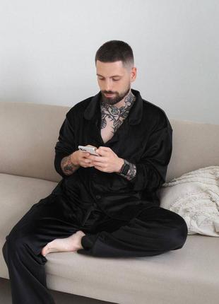 S michael 20712 велюровая пижама для мужчин черная рубашка на пуговицах