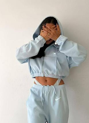 Спортивний костюм nike на флісі вкорочена кофта на блискавці з капюшоном худі штани джогери комплект найк чорний сірий бежевий рожевий блакитний