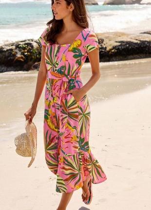 Стильное льняное платье миди, тропический принт, актуальные пуговицы1 фото