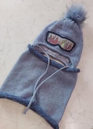 Зимняя шапка с очками и хомут, набор голубого цвета 4-7 лет8 фото