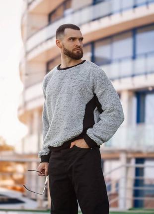 Тёплый мужской свитер серый бежевый чёрный из искусственного меха тедди свитшот кофта джемпер рубашка курточка костюм штаны пальто