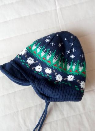 Дитяча зимова новорічна шапочка на хлопчика 1-3 міс м фліс в’язана тепла шапка зав’язки зима 56 см