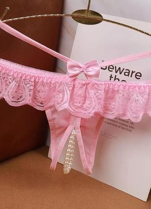 Эротические трусики розовые женские с разрезом и жемчугом - размер универсальный (на резинке)