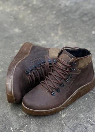 Зимові шкіряні черевики ecco, коричневий колір, мужские зимние ботинки натуральная матовая кожа2 фото
