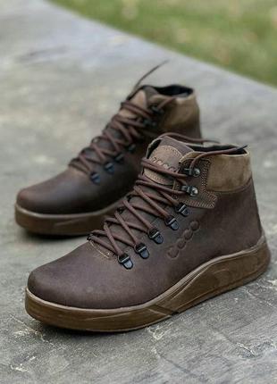 Зимові шкіряні черевики ecco, коричневий колір, мужские зимние ботинки натуральная матовая кожа1 фото