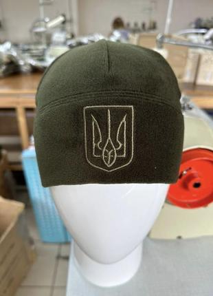 Зимняя флисова шапка олива с гербом теплая тактическая шапка на флисе армейская шапка олива всу военная шапка2 фото