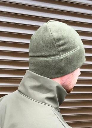Зимняя флисова шапка олива с гербом теплая тактическая шапка на флисе армейская шапка олива всу военная шапка3 фото