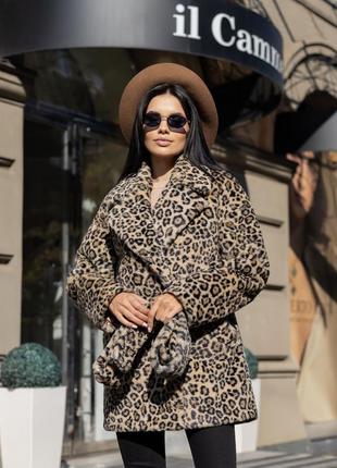 Шуба женская утепленная эко альпака дизайнерская бренд, леопардовая