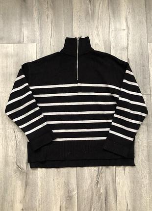 Mango zara свитер у полоску под горло с замком женский черный