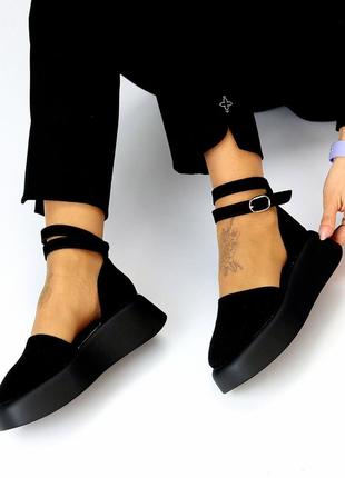 Шикарные черные замшевые открытые туфли на шлейке натуральная замша