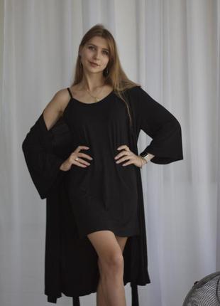 Жіночий комплект нічна сорочка з халатом s-m чорна