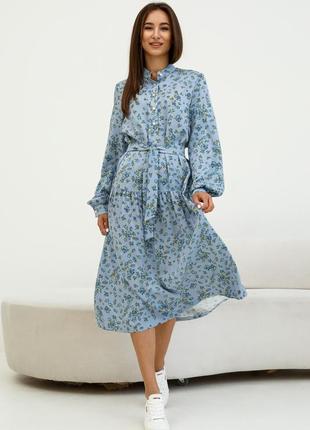 Штапельное платье брианна миди длины свободного кроя с поясом 42-56 размеры голубой принт