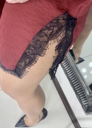 Шелковая марсаловая бордовая юбка с кружевом mango /разрезами / на поясе рези2 фото
