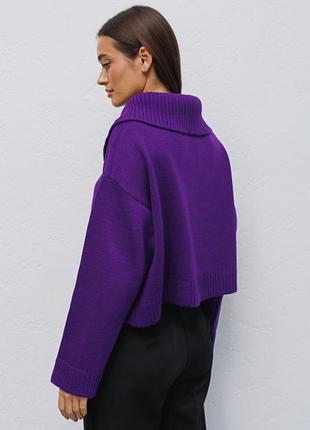 Жіноча в`язана кофта темно-фіолетова з відкладним коміром7 фото