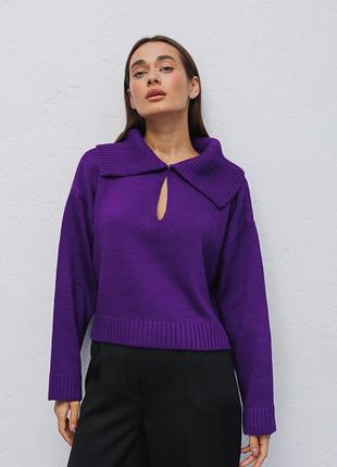 Жіноча в`язана кофта темно-фіолетова з відкладним коміром6 фото