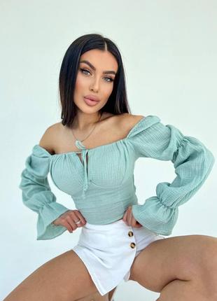 Кофта блузка широкая на резинках на запах рукава фонарики топ открытые плечи завязки...