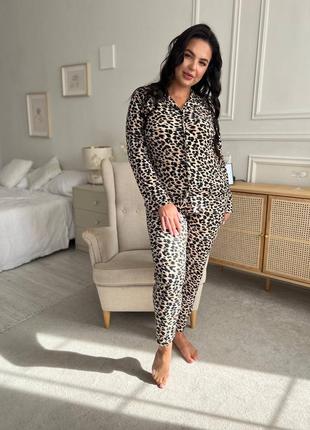 Жіночий домашній костюм - піжама принт леопард великі розміри виробник туреччина