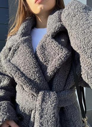 Шуба пальто зимнее шубка тедди плюшевое длинное с поясом  овчина с поясом9 фото