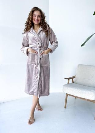Халат жіночий міді махра кишені, пояс та капюшон теплий 5 кольорів