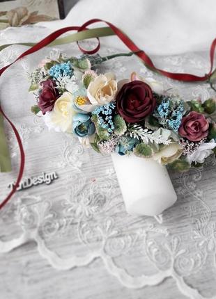 Венок украинский на голову  с розами и зеленью в марсала цвете с голубым1 фото