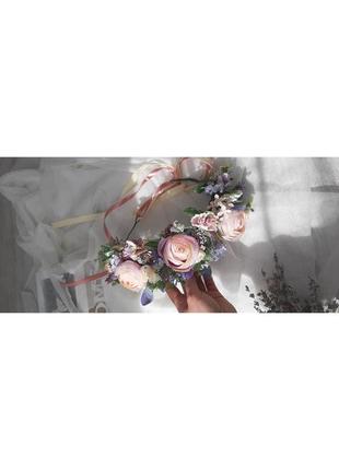 Венок на голову в розовых и лавандовых тонах с пионами. свадебный венок2 фото