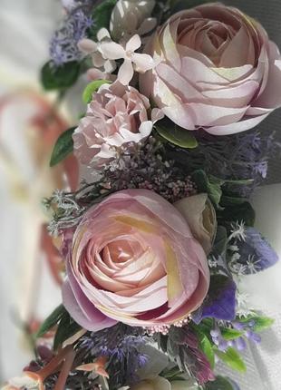 Венок на голову в розовых и лавандовых тонах с пионами. свадебный венок3 фото