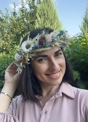 Вінок блакитний на голову з сухоцвітів
