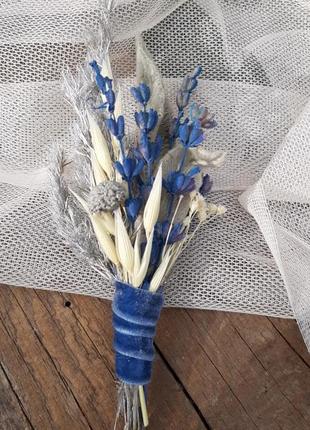 Бутоньерка свадебная в  серых и синих тонах в стиле бохо. бутоньерка из сухоцветами. бутоньерка в стиле рустик