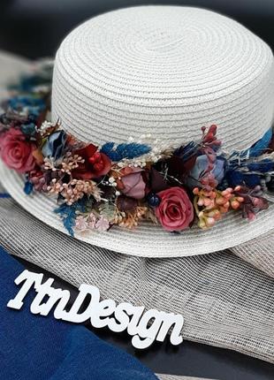 Шляпа украинская цветочная в синих и марсала тонах
