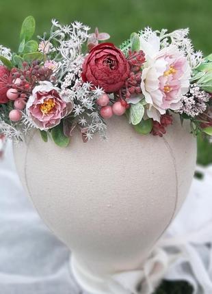 Венок свадебный в розовых и марсала тонах
свадебный венок. венок с полевых цветов. венок с эвкалипта.
