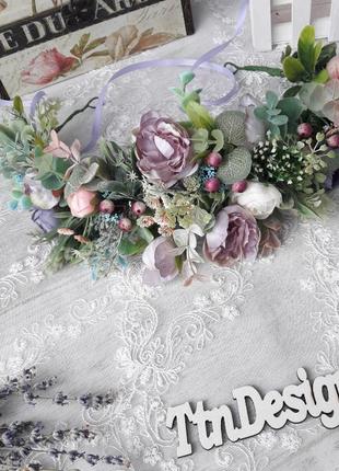 Вінок з трояндами в фіолетових та лавандових тонах обьемний на голову. весільний вінок для нареченої.