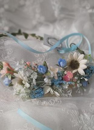 Венок голубой на голову. венок с полевых цветов. венок свадебный. белый венок с ромашками3 фото